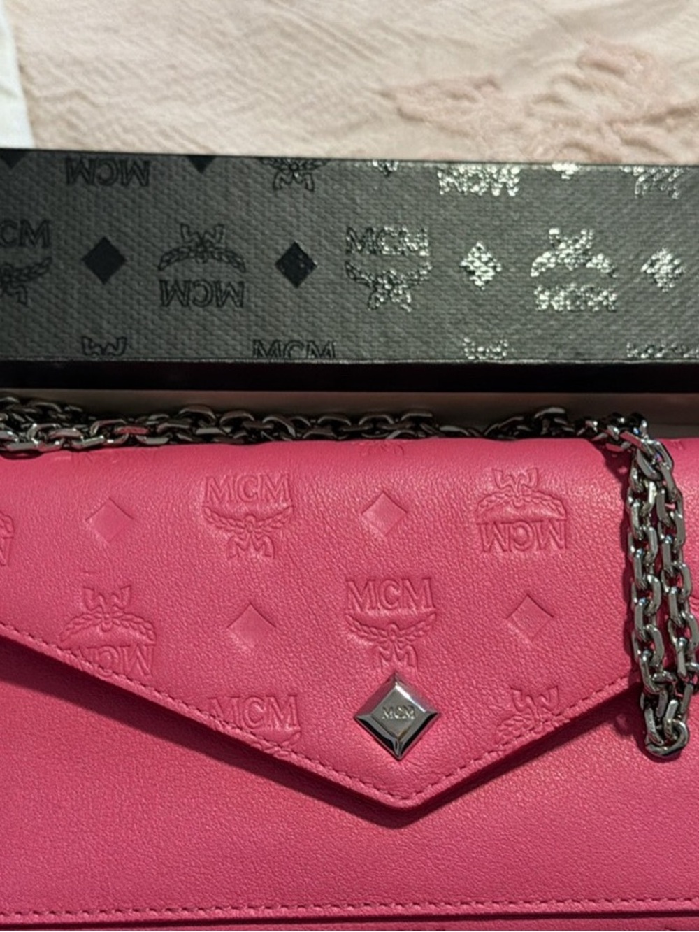 MCM Hot Pink Leather Embossed Envelope Crossbody
